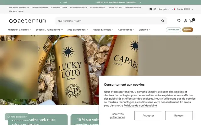 Page d’accueil de Aeternum, grand magasin ésotérique